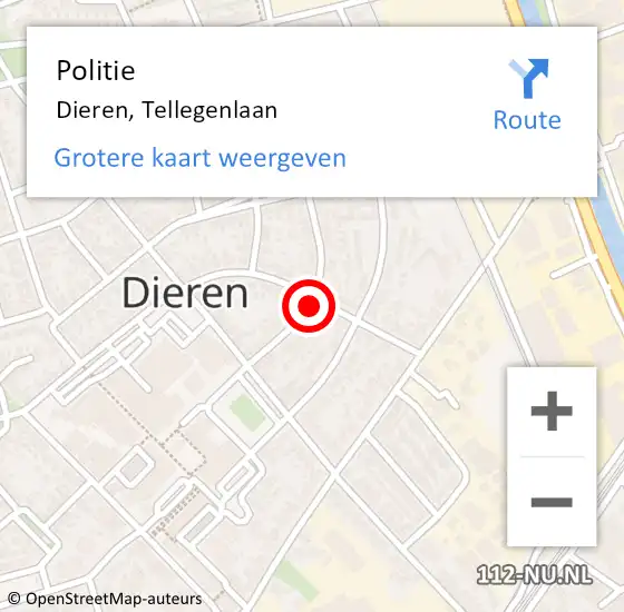 Locatie op kaart van de 112 melding: Politie Dieren, Tellegenlaan op 10 mei 2024 10:06