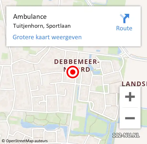 Locatie op kaart van de 112 melding: Ambulance Tuitjenhorn, Sportlaan op 10 mei 2024 11:55