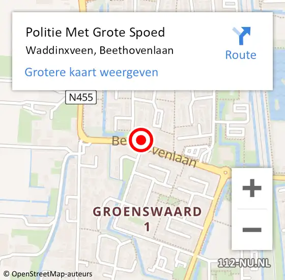 Locatie op kaart van de 112 melding: Politie Met Grote Spoed Naar Waddinxveen, Beethovenlaan op 10 mei 2024 12:56