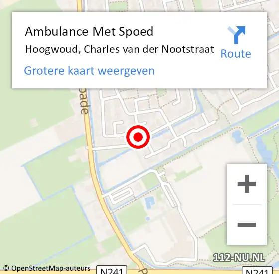 Locatie op kaart van de 112 melding: Ambulance Met Spoed Naar Hoogwoud, Charles van der Nootstraat op 10 mei 2024 13:07