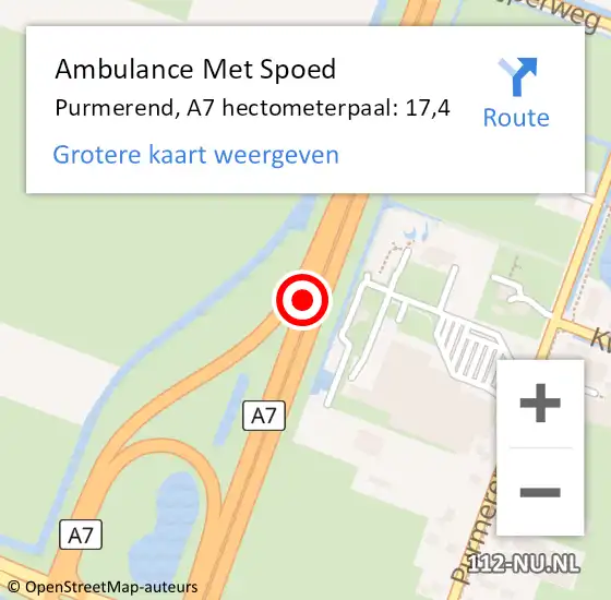 Locatie op kaart van de 112 melding: Ambulance Met Spoed Naar Purmerend, A7 hectometerpaal: 17,4 op 10 mei 2024 13:30
