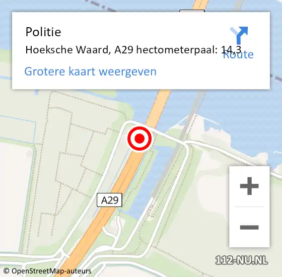 Locatie op kaart van de 112 melding: Politie Hoeksche Waard, A29 hectometerpaal: 14,3 op 10 mei 2024 13:44