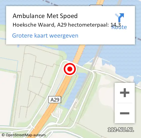 Locatie op kaart van de 112 melding: Ambulance Met Spoed Naar Hoeksche Waard, A29 hectometerpaal: 14,3 op 10 mei 2024 14:00