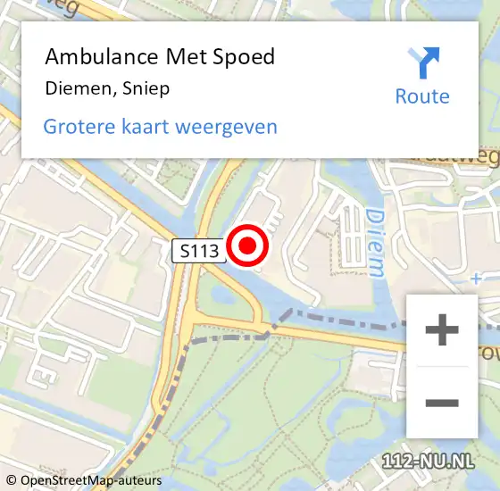 Locatie op kaart van de 112 melding: Ambulance Met Spoed Naar Diemen, Sniep op 10 mei 2024 14:59