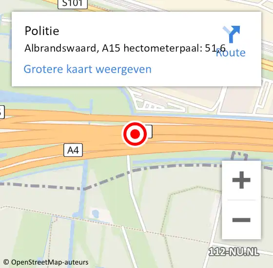 Locatie op kaart van de 112 melding: Politie Albrandswaard, A15 hectometerpaal: 51,6 op 10 mei 2024 15:02