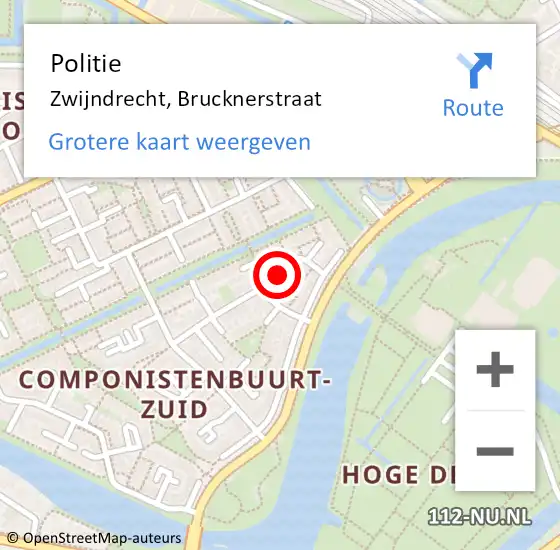 Locatie op kaart van de 112 melding: Politie Zwijndrecht, Brucknerstraat op 10 mei 2024 15:30