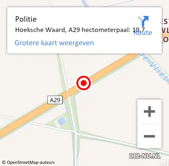 Locatie op kaart van de 112 melding: Politie Hoeksche Waard, A29 hectometerpaal: 19,7 op 10 mei 2024 16:02