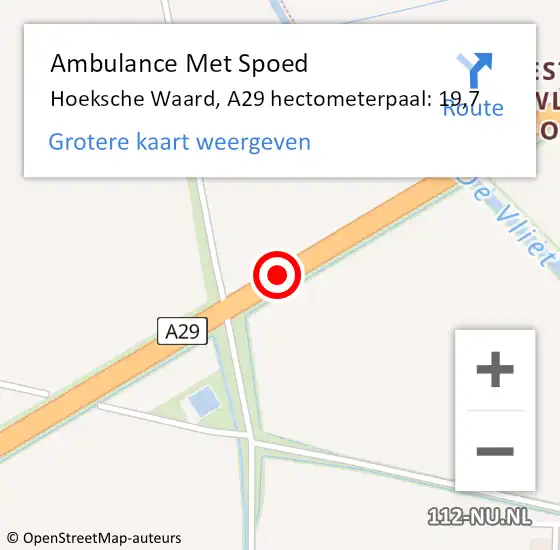 Locatie op kaart van de 112 melding: Ambulance Met Spoed Naar Hoeksche Waard, A29 hectometerpaal: 19,7 op 10 mei 2024 16:05