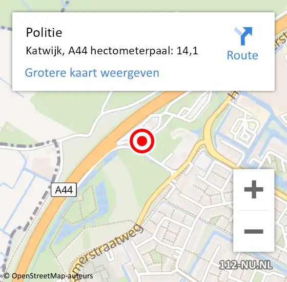 Locatie op kaart van de 112 melding: Politie Katwijk, A44 hectometerpaal: 14,1 op 10 mei 2024 16:06