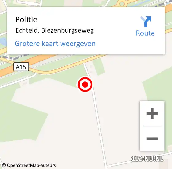 Locatie op kaart van de 112 melding: Politie Echteld, Biezenburgseweg op 10 mei 2024 16:11