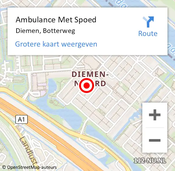 Locatie op kaart van de 112 melding: Ambulance Met Spoed Naar Diemen, Botterweg op 10 mei 2024 16:20