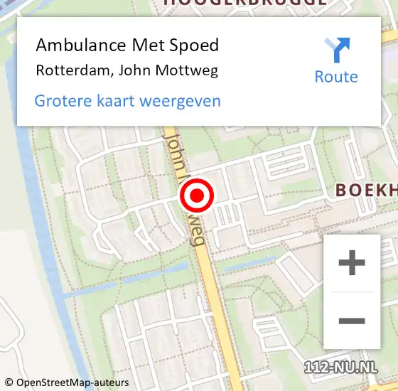 Locatie op kaart van de 112 melding: Ambulance Met Spoed Naar Rotterdam, John Mottweg op 10 mei 2024 16:53