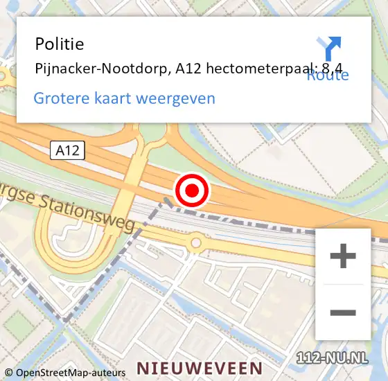 Locatie op kaart van de 112 melding: Politie Pijnacker-Nootdorp, A12 hectometerpaal: 8,4 op 10 mei 2024 17:05
