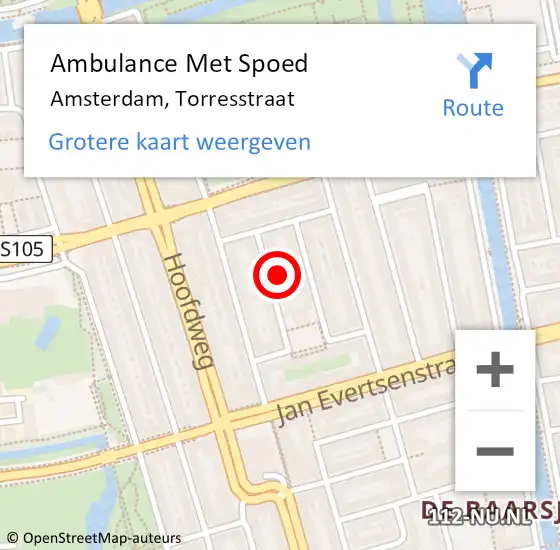 Locatie op kaart van de 112 melding: Ambulance Met Spoed Naar Amsterdam, Torresstraat op 10 mei 2024 17:23