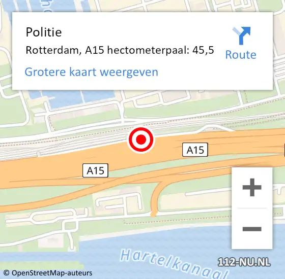 Locatie op kaart van de 112 melding: Politie Rotterdam, A15 hectometerpaal: 45,5 op 10 mei 2024 18:03