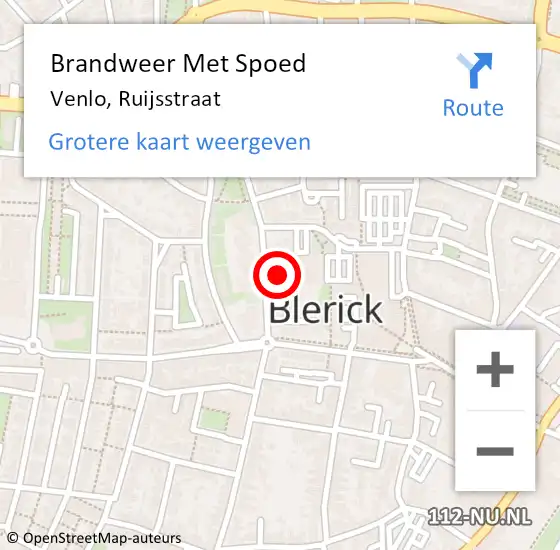Locatie op kaart van de 112 melding: Brandweer Met Spoed Naar Venlo, Ruijsstraat op 10 mei 2024 18:18
