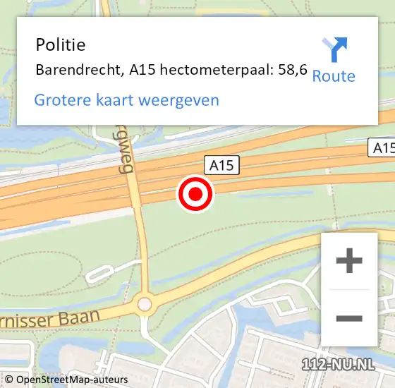 Locatie op kaart van de 112 melding: Politie Barendrecht, A15 hectometerpaal: 58,6 op 10 mei 2024 19:05