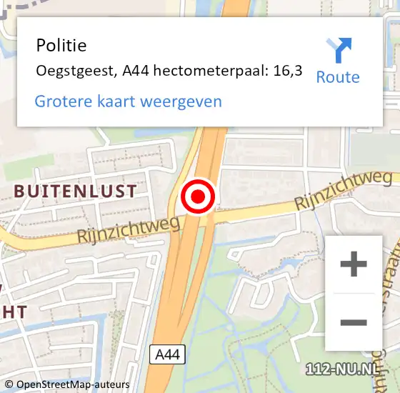 Locatie op kaart van de 112 melding: Politie Oegstgeest, A44 hectometerpaal: 16,3 op 10 mei 2024 20:01