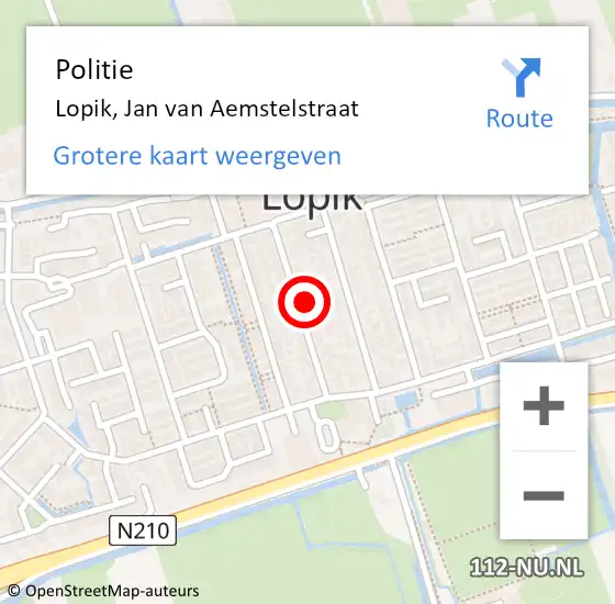 Locatie op kaart van de 112 melding: Politie Lopik, Jan van Aemstelstraat op 10 mei 2024 20:20