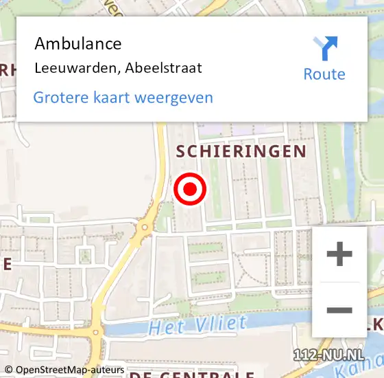 Locatie op kaart van de 112 melding: Ambulance Leeuwarden, Abeelstraat op 10 mei 2024 23:26