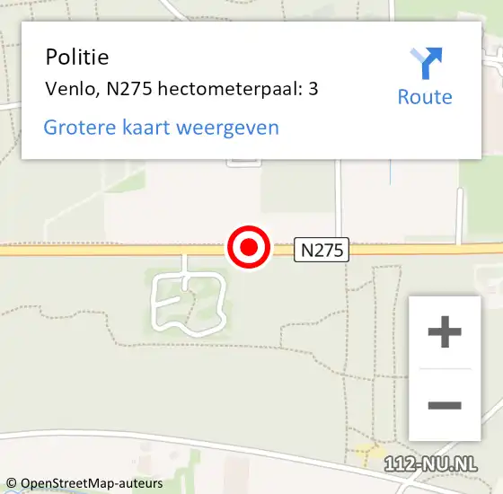 Locatie op kaart van de 112 melding: Politie Venlo, N275 hectometerpaal: 3 op 11 mei 2024 01:21