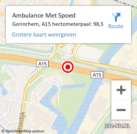 Locatie op kaart van de 112 melding: Ambulance Met Spoed Naar Gorinchem, A15 hectometerpaal: 98,5 op 11 mei 2024 01:23