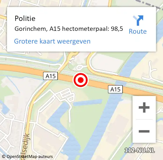 Locatie op kaart van de 112 melding: Politie Gorinchem, A15 hectometerpaal: 98,5 op 11 mei 2024 01:24
