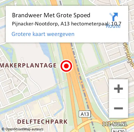 Locatie op kaart van de 112 melding: Brandweer Met Grote Spoed Naar Pijnacker-Nootdorp, A13 hectometerpaal: 10,7 op 11 mei 2024 02:40