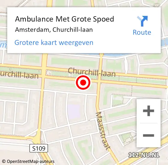Locatie op kaart van de 112 melding: Ambulance Met Grote Spoed Naar Amsterdam, Churchill-laan op 11 mei 2024 03:31