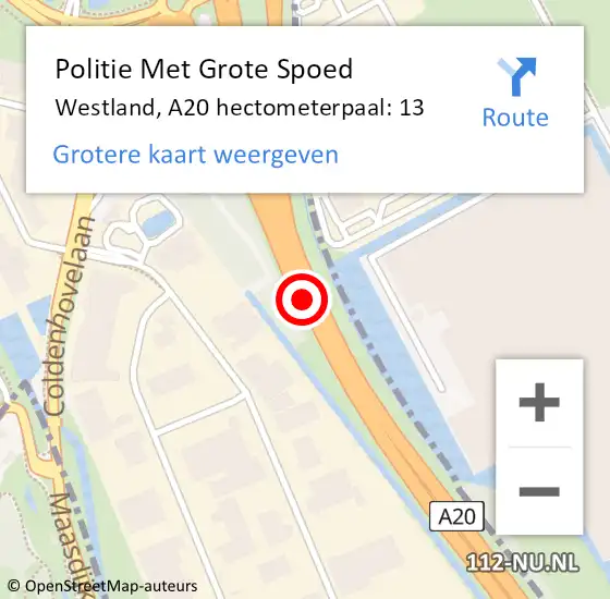 Locatie op kaart van de 112 melding: Politie Met Grote Spoed Naar Westland, A20 hectometerpaal: 13 op 11 mei 2024 07:04