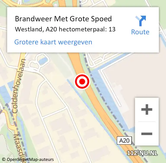 Locatie op kaart van de 112 melding: Brandweer Met Grote Spoed Naar Westland, A20 hectometerpaal: 13 op 11 mei 2024 07:04