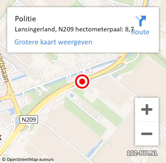 Locatie op kaart van de 112 melding: Politie Lansingerland, N209 hectometerpaal: 8,7 op 11 mei 2024 08:04