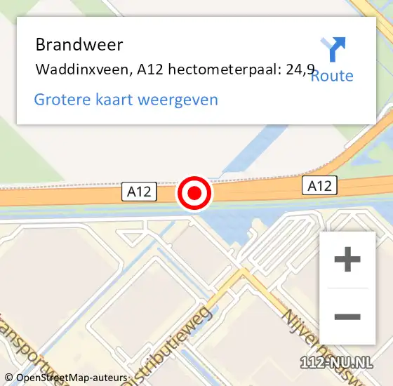 Locatie op kaart van de 112 melding: Brandweer Waddinxveen, A12 hectometerpaal: 24,9 op 11 mei 2024 08:14