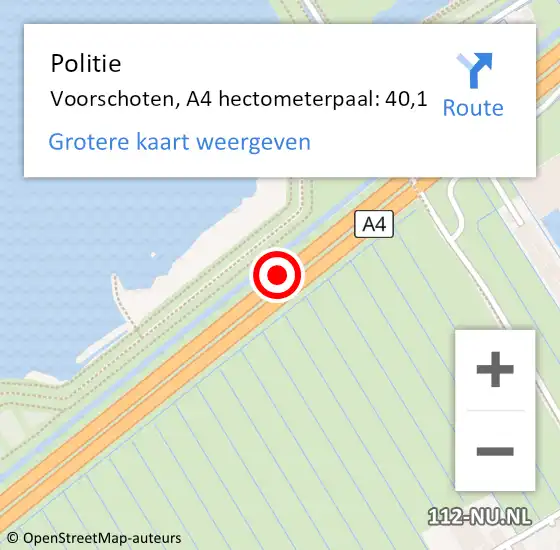 Locatie op kaart van de 112 melding: Politie Voorschoten, A4 hectometerpaal: 40,1 op 11 mei 2024 08:19