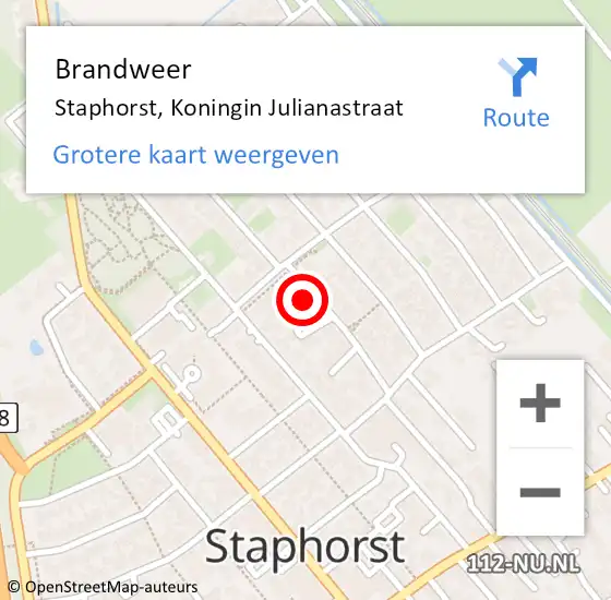 Locatie op kaart van de 112 melding: Brandweer Staphorst, Koningin Julianastraat op 11 mei 2024 08:26