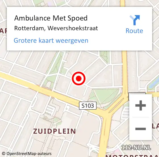 Locatie op kaart van de 112 melding: Ambulance Met Spoed Naar Rotterdam, Wevershoekstraat op 11 mei 2024 09:21