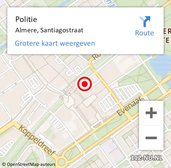 Locatie op kaart van de 112 melding: Politie Almere, Santiagostraat op 11 mei 2024 10:00