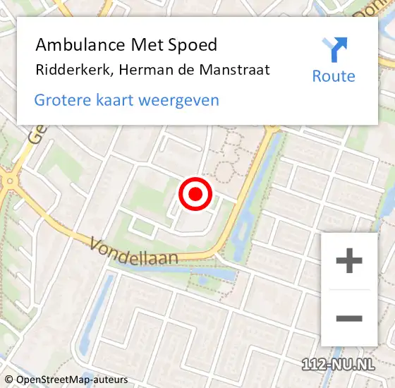 Locatie op kaart van de 112 melding: Ambulance Met Spoed Naar Ridderkerk, Herman de Manstraat op 11 mei 2024 11:27
