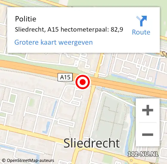 Locatie op kaart van de 112 melding: Politie Sliedrecht, A15 hectometerpaal: 82,9 op 11 mei 2024 11:37