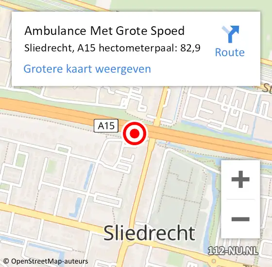 Locatie op kaart van de 112 melding: Ambulance Met Grote Spoed Naar Sliedrecht, A15 hectometerpaal: 82,9 op 11 mei 2024 11:42