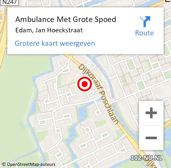 Locatie op kaart van de 112 melding: Ambulance Met Grote Spoed Naar Edam, Jan Hoeckstraat op 11 mei 2024 12:40