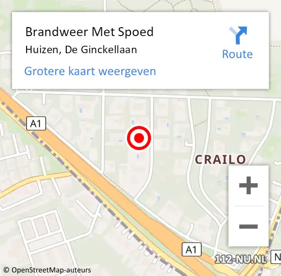 Locatie op kaart van de 112 melding: Brandweer Met Spoed Naar Huizen, De Ginckellaan op 11 mei 2024 14:01