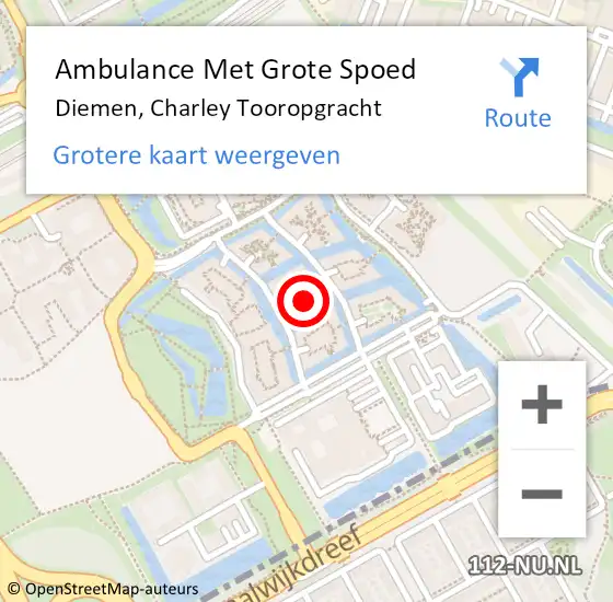 Locatie op kaart van de 112 melding: Ambulance Met Grote Spoed Naar Diemen, Charley Tooropgracht op 11 mei 2024 14:20