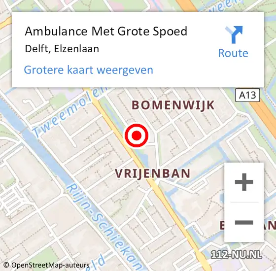 Locatie op kaart van de 112 melding: Ambulance Met Grote Spoed Naar Delft, Elzenlaan op 11 mei 2024 14:23