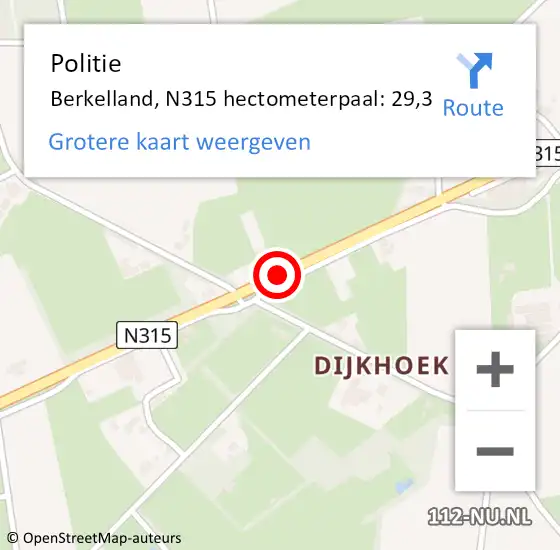 Locatie op kaart van de 112 melding: Politie Berkelland, N315 hectometerpaal: 29,3 op 11 mei 2024 14:31