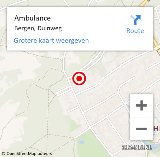 Locatie op kaart van de 112 melding: Ambulance Bergen, Duinweg op 11 mei 2024 15:01