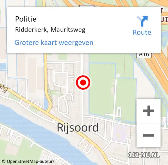 Locatie op kaart van de 112 melding: Politie Ridderkerk, Mauritsweg op 11 mei 2024 15:40