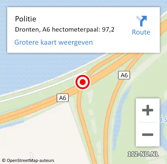 Locatie op kaart van de 112 melding: Politie Dronten, A6 hectometerpaal: 97,2 op 11 mei 2024 16:16