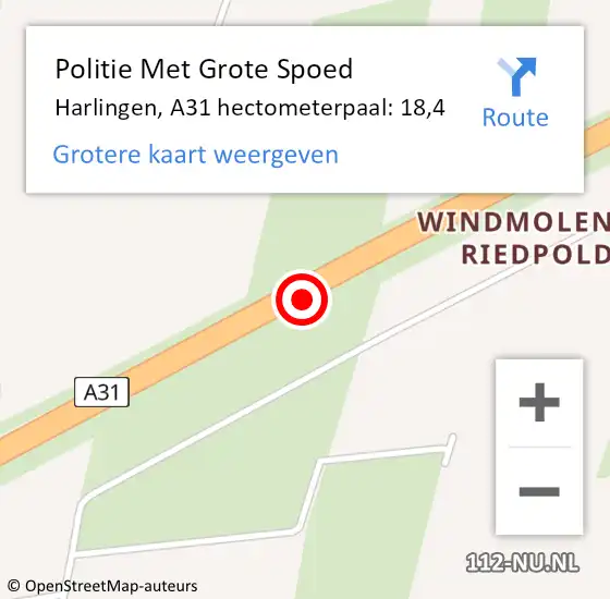 Locatie op kaart van de 112 melding: Politie Met Grote Spoed Naar Harlingen, A31 hectometerpaal: 18,4 op 11 mei 2024 17:17
