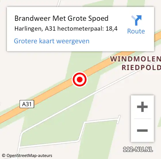Locatie op kaart van de 112 melding: Brandweer Met Grote Spoed Naar Harlingen, A31 hectometerpaal: 18,4 op 11 mei 2024 17:17
